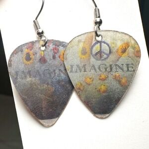 Vintage Handmade Holographic Guitar Pick Earrings IMAGINE Peace Sign Sunflower
